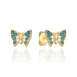 Kolczyki złote motylki z niebieskim kamieniem i białą cyrkonią 