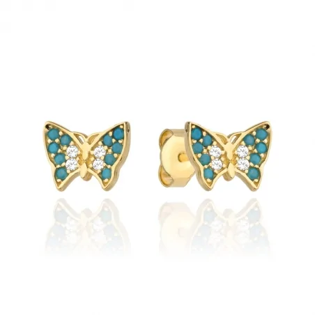 Kolczyki złote motylki z niebieskim kamieniem i białą cyrkonią 