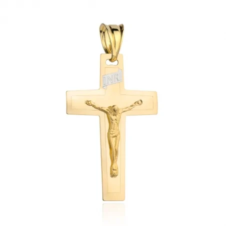 Krzyżyk złoty płaski z wypukłym Jezusem na krzyżu 