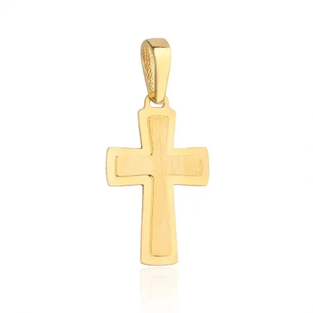 Krzyżyk złoty z satynowym środkiem i błyszczącą oprawą 