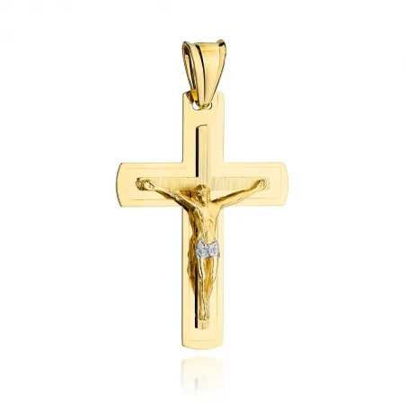 Krzyż złoty zdobiony satynowaniem z Jezusem 