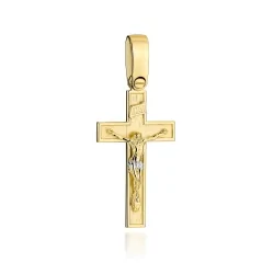 Krzyż złoty satynowy ze zdobieniem z ukrzyżowanym Jezusem 