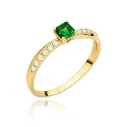 Pierścionek złoty z kamieniem w kolorze zielonym i cyrkoniami 