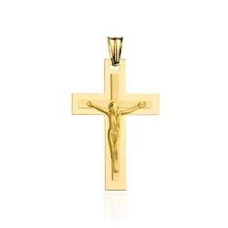 Krzyżyk złoty z Jezusem zdobiony satynowaniem mniejszy 