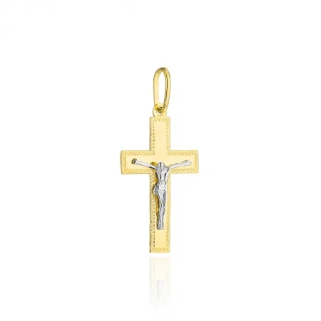 Krzyżyk złoty zdobiony diamentowaniem z Jezusem w dwóch kolorach złota 