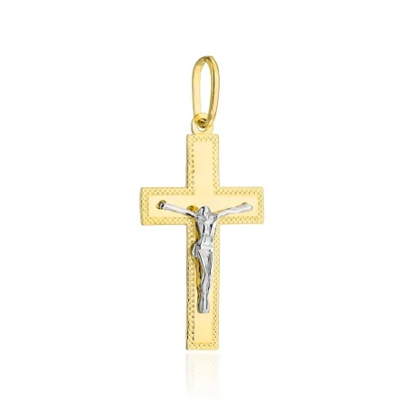 Krzyżyk złoty zdobiony diamentowaniem z Jezusem w dwóch kolorach złota średni 