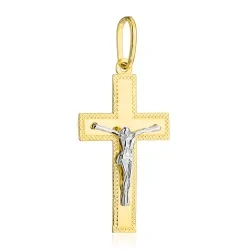 Krzyżyk złoty zdobiony diamentowaniem z Jezusem w dwóch kolorach złota duży 